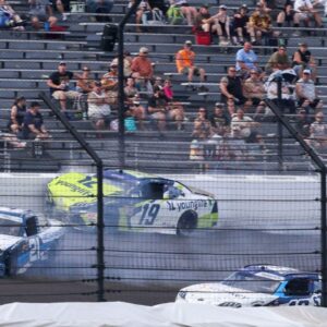 NASCAR Xfinity Series driver Austin Hill (21) and NASCAR Xfinity Series driver Aric Almirola (19) collide Saturday, July 26, 2025, during the Pennzoil 250 at Indianapolis Motor Speedway.