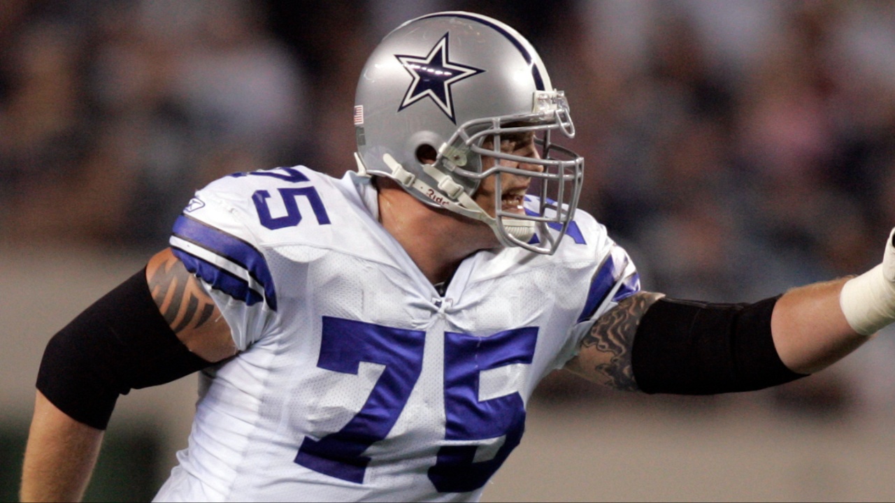 Dallas Cowboys tackle Marc Colombo (75) lines up against the Carolina Panthers at Cowboys Stadium. The Cowboys beat the Panthers 21-7.
