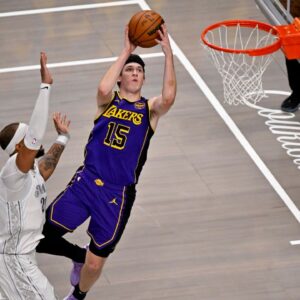 Los Angeles Lakers guard Austin Reaves (15) in action during the game between the Dallas Mavericks and the Los Angeles Lakers at American Airlines Center.