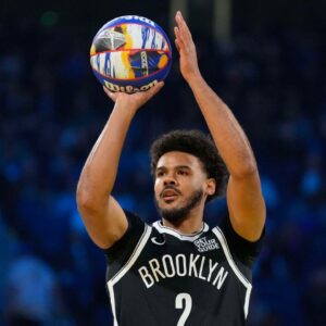 Brooklyn Nets forward Cam Johnson (2) competes in the three-point contest during All Star Saturday Night ahead of the 2025 NBA All Star Game at Chase Center.