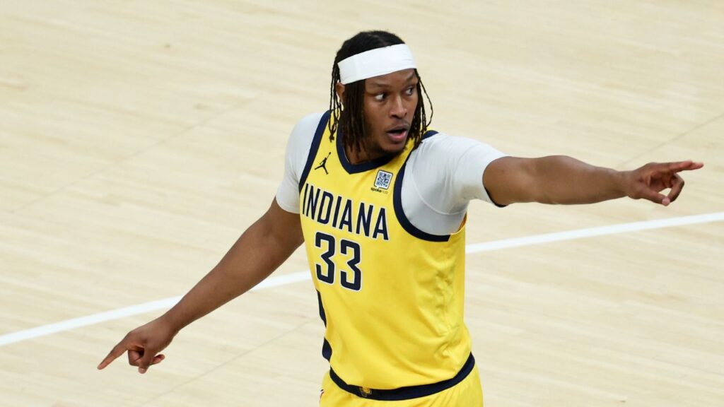 Indiana Pacers center Myles Turner (33) reacts in the first quarter during game six of the 2025 NBA Finals against the Oklahoma City Thunder at Gainbridge Fieldhouse.
