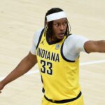 Indiana Pacers center Myles Turner (33) reacts in the first quarter during game six of the 2025 NBA Finals against the Oklahoma City Thunder at Gainbridge Fieldhouse.
