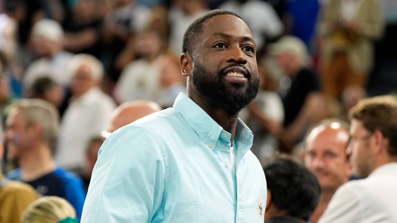 Dwyane Wade looks on at halftime between France and Canada in a men’s basketball quarterfinal game during the Paris 2024 Olympic Summer Games at Accor Arena.