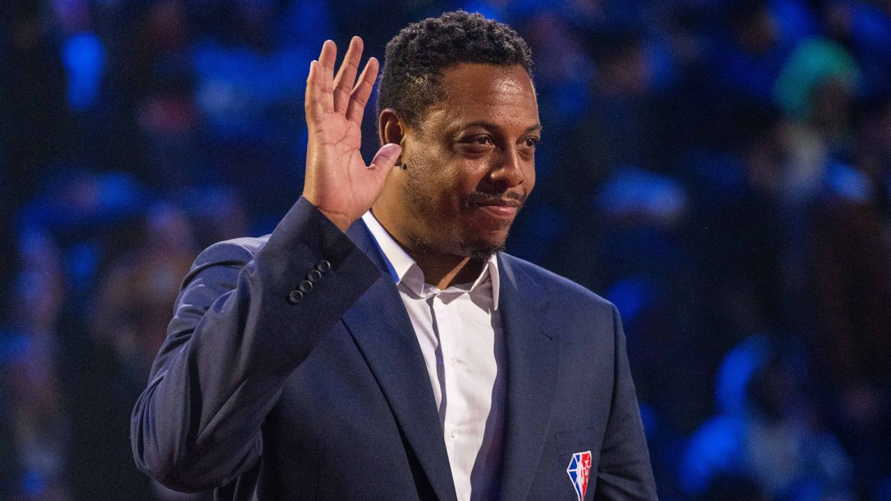 NBA great Paul Pierce is honored for being selected to the NBA 75th Anniversary Team during halftime in the 2022 NBA All-Star Game at Rocket Mortgage FieldHouse.