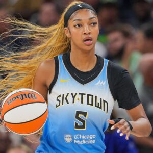 Jul 22, 2025; Minneapolis, Minnesota, USA; Chicago Sky forward Angel Reese (5) dribbles against the Minnesota Lynx in the first quarter at Target Center.