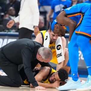Indiana Pacers guard Tyrese Haliburton (0) reacts after suffering an injury during the first quarter against the Oklahoma City Thunder during game seven of the 2025 NBA Finals at Paycom Center.