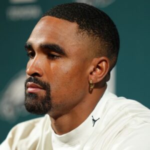 Philadelphia Eagles quarterback Jalen Hurts (1) addresses media during a press conference at NovaCare Complex.
