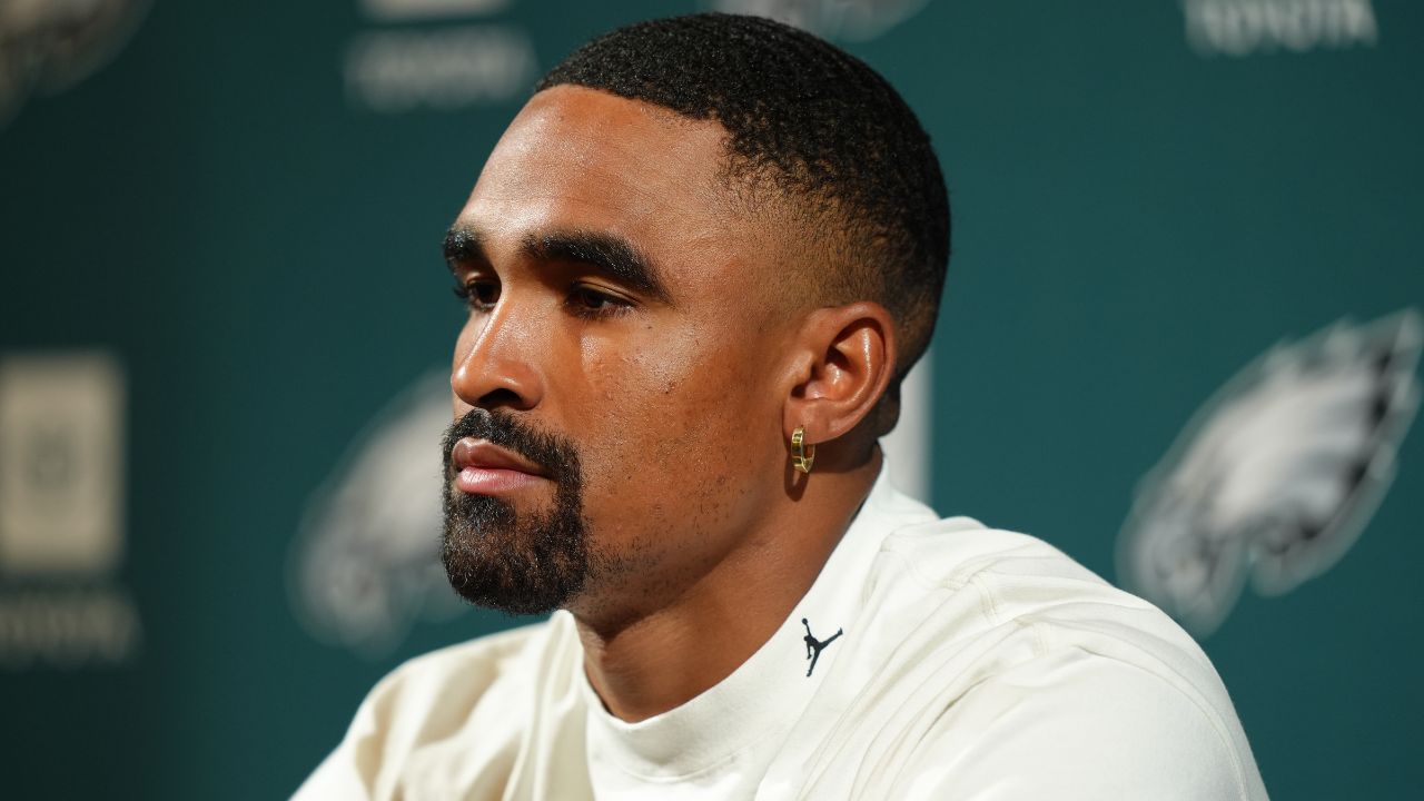 Philadelphia Eagles quarterback Jalen Hurts (1) addresses media during a press conference at NovaCare Complex.