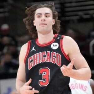Chicago Bulls guard Josh Giddey (3) gestures after making a three point basket against the Miami Heat during the second half at United Center.