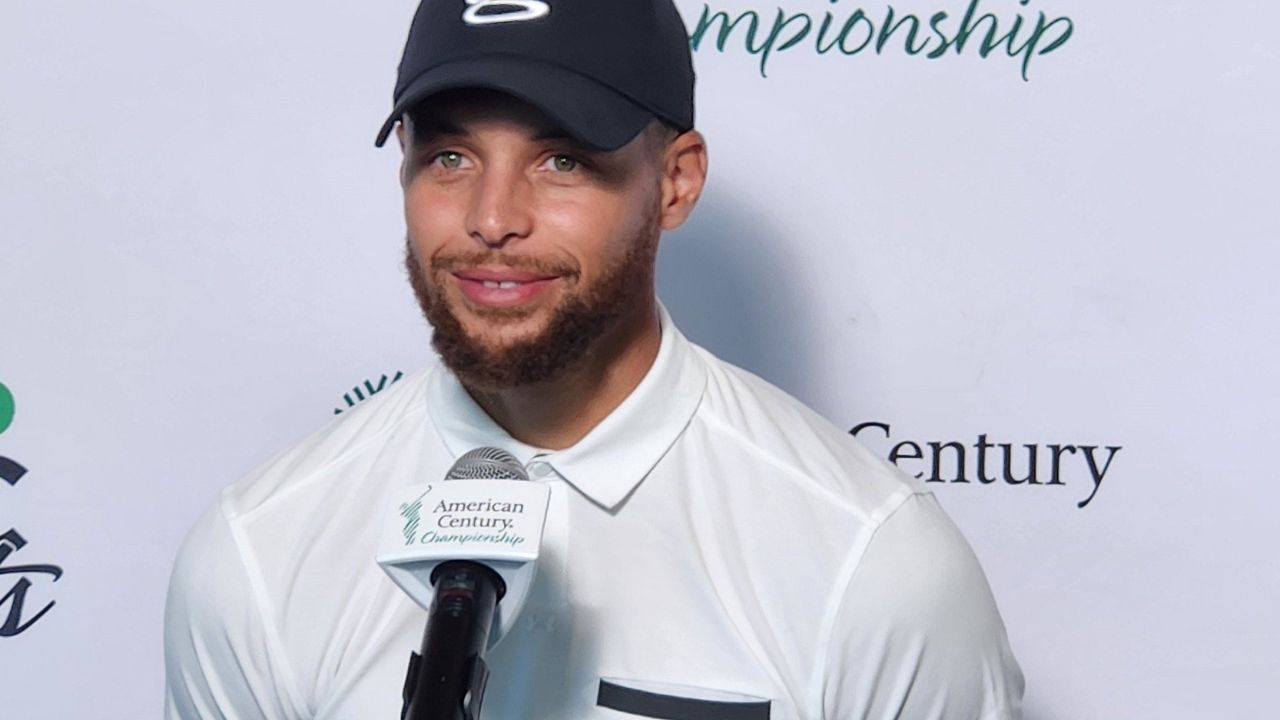 Steph Curry talks to the media Friday after taking the lead with 27 points in the American Century Championship celebrity golf tournament at Edgewood Tahoe.