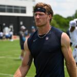 Jun 10, 2025; Nashville, TN, USA; Tennessee Titans quarterback Will Levis (8) walks off the field during minicamp at Nissan Stadium.
