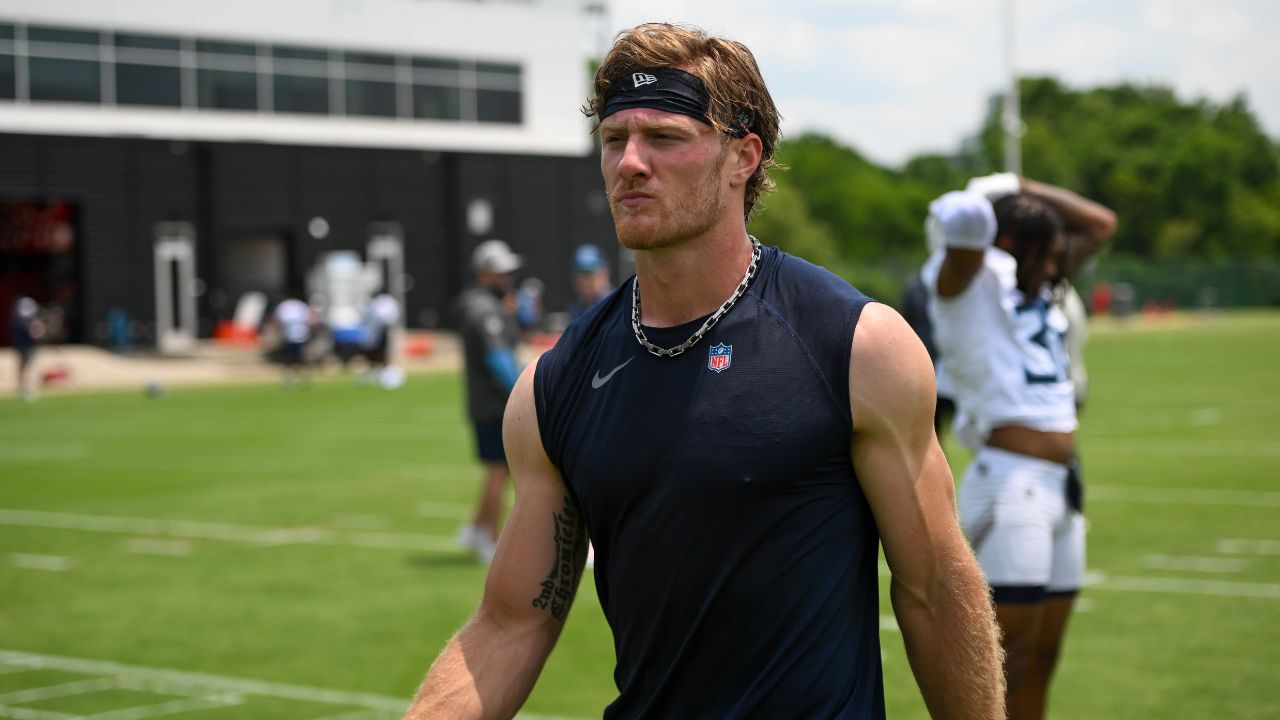 Jun 10, 2025; Nashville, TN, USA; Tennessee Titans quarterback Will Levis (8) walks off the field during minicamp at Nissan Stadium.