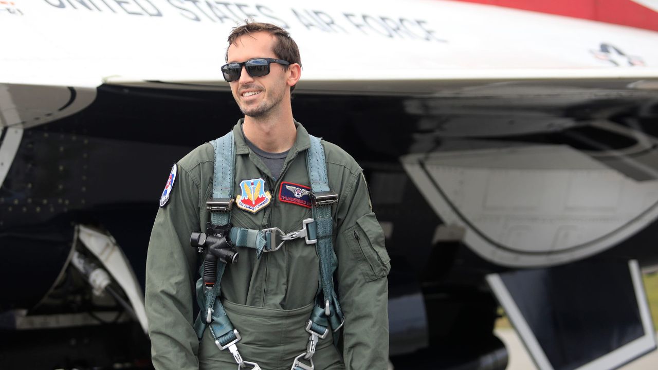 NASCAR Executive Ben Kennedy is all smiles after gearing up and ready to fly in the air with the U.S. Air Force Thunderbirds Saturday, Feb.15, 2025