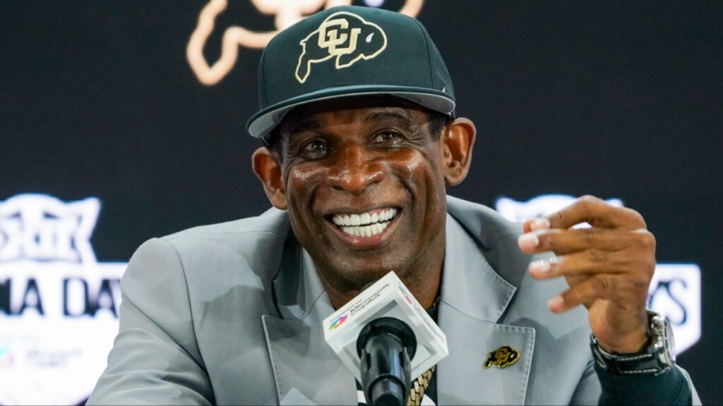 Colorado head coach Deion Sanders speaks with the media during 2025 Big 12 Football Media Days at The Star.