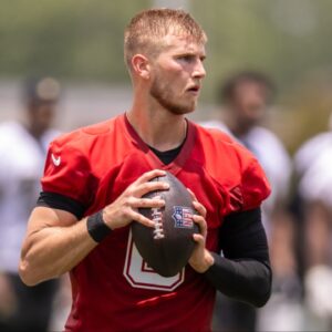 New Orleans Saints quarterback Tyler Shough (6) passes the ball during minicamp at Ochsner Sports Performance Center.