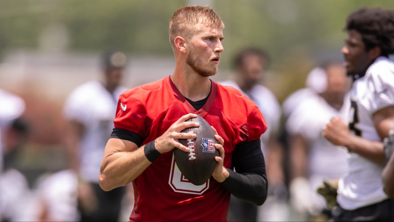 New Orleans Saints quarterback Tyler Shough (6) passes the ball during minicamp at Ochsner Sports Performance Center.