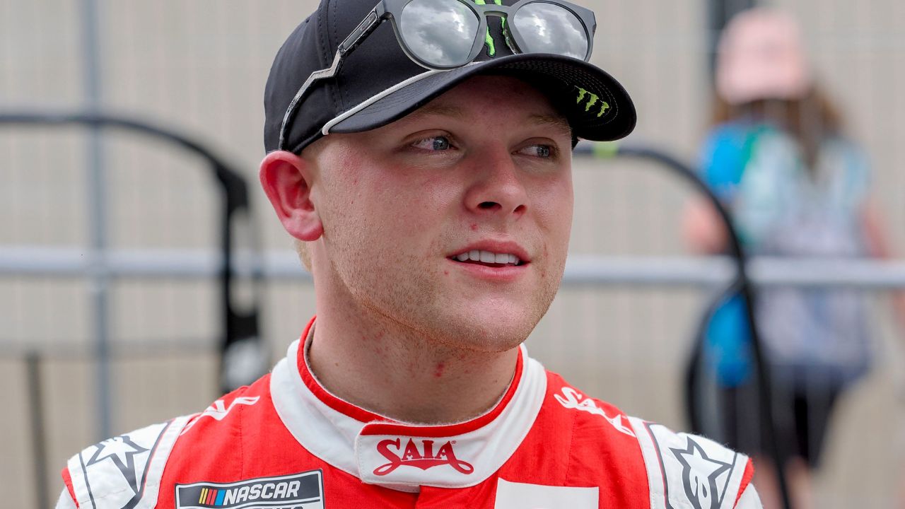 NASCAR Cup Series driver Ty Gibbs (54) talks with fans Friday, July 25, 2025, ahead of practice at Indianapolis Motor Speedway in preparation for the Brickyard 400. Cup practice was cancelled due weather in the area.