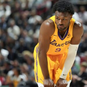 Los Angeles Lakers guard Bronny James (9) prepares for the start of the second quarter against the Dallas Mavericks at Thomas & Mack Center.