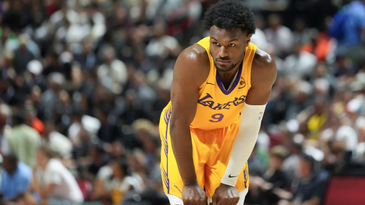Los Angeles Lakers guard Bronny James (9) prepares for the start of the second quarter against the Dallas Mavericks at Thomas & Mack Center.