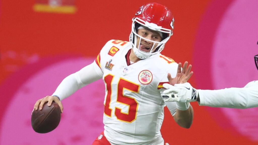 Feb 9, 2025; New Orleans, LA, USA; Kansas City Chiefs quarterback Patrick Mahomes (15) is tackled by Philadelphia Eagles linebacker Josh Sweat (19) in Super Bowl LIX between the Philadelphia Eagles and the Kansas City Chiefs at Ceasars Superdome.