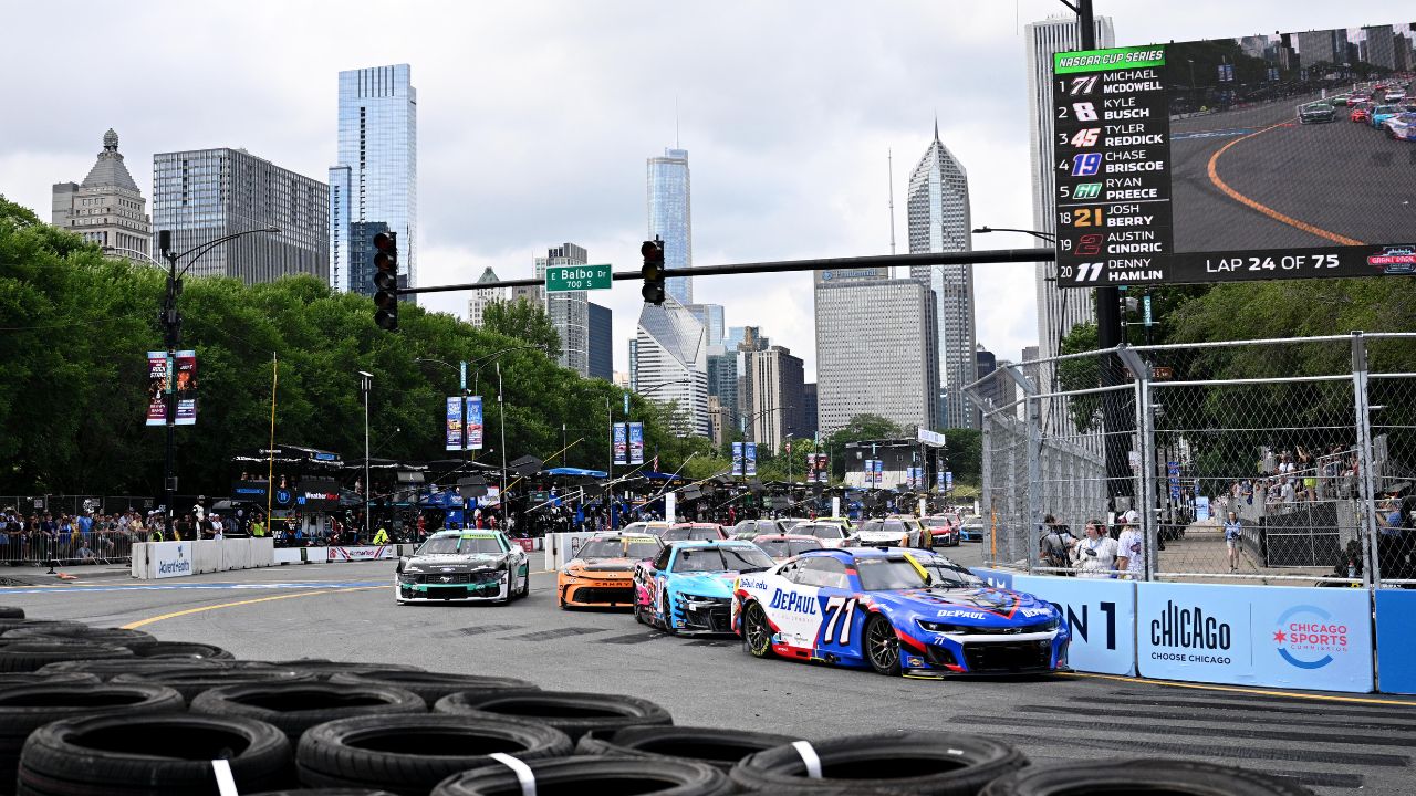 NASCAR Cup Series driver Michael McDowell (71) leads the field during the Grant Park 165 at Chicago Street Race.