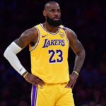 Los Angeles Lakers forward LeBron James (23) reacts during the first half in game five of first round for the 2025 NBA Playoffs at Crypto.com Arena.