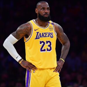 Los Angeles Lakers forward LeBron James (23) reacts during the first half in game five of first round for the 2025 NBA Playoffs at Crypto.com Arena.