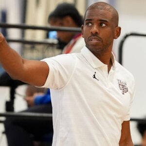 NBA player Chris Paul looks on as Team CP3 plays a game against Nightrydas at Nike EYBL at the Memphis Sports & Events Center on Saturday, May 17, 2025.