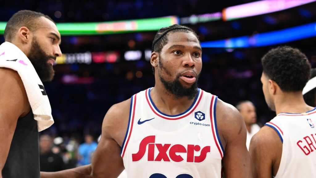 Philadelphia 76ers forward Guerschon Yabusele (28) looks on with Minnesota Timberwolves center Rudy Gobert (27) after the game at Wells Fargo Center.