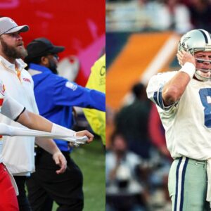 Kansas City Chiefs quarterback Patrick Mahomes (15) walks off the field after losing against the Philadelphia Eagles in Super Bowl LIX and Dallas Cowboys quarterback Troy Aikman (8) reacts on the field against the Pittsburgh Steelers during Super Bowl XXX at Sun Devil Stadium.