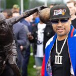 Philadelphia 76ers great Allen Iverson during the unveiling of the statue honoring him in a ceremony at the Philadelphia 76ers Training Complex.