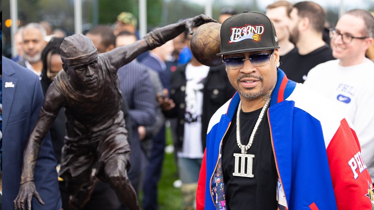 Philadelphia 76ers great Allen Iverson during the unveiling of the statue honoring him in a ceremony at the Philadelphia 76ers Training Complex.