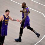 Los Angeles Lakers guard Luka Doncic (77) and forward LeBron James (23) during the game between the Dallas Mavericks and the Los Angeles Lakers at American Airlines Center