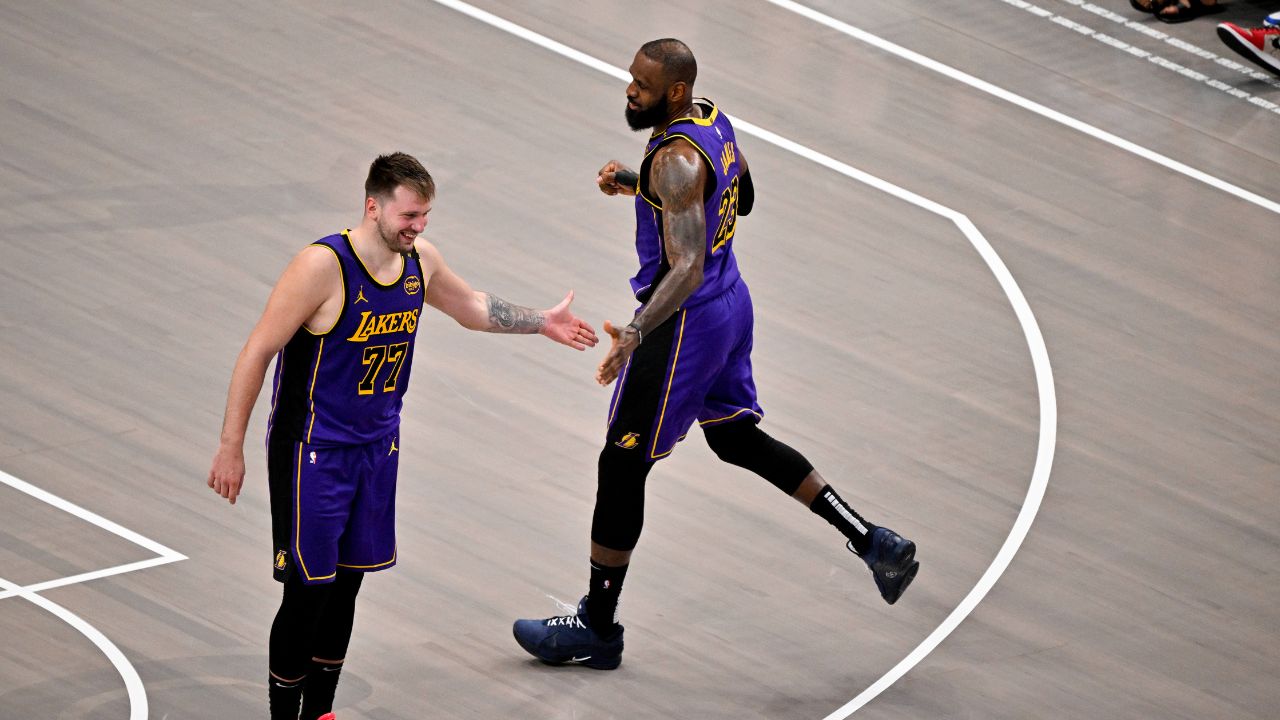 Los Angeles Lakers guard Luka Doncic (77) and forward LeBron James (23) during the game between the Dallas Mavericks and the Los Angeles Lakers at American Airlines Center