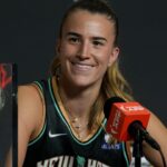 New York Liberty's Sabrina Ionescu (20) speaks Friday, July 18, 2025, during a press conference after the WNBA All-Star 3-point and skills contests at Gainbridge Fieldhouse in Indianapolis