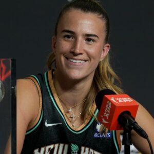 New York Liberty's Sabrina Ionescu (20) speaks Friday, July 18, 2025, during a press conference after the WNBA All-Star 3-point and skills contests at Gainbridge Fieldhouse in Indianapolis