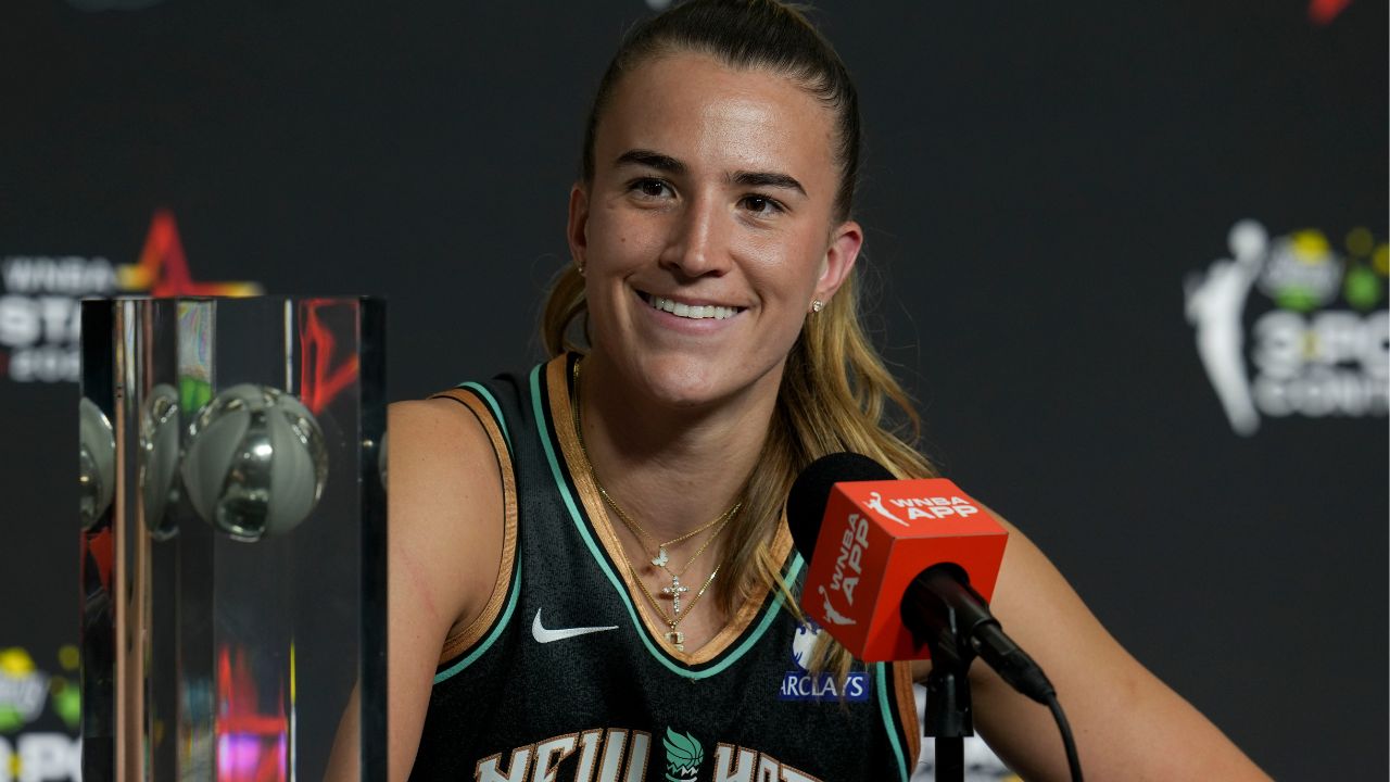 New York Liberty's Sabrina Ionescu (20) speaks Friday, July 18, 2025, during a press conference after the WNBA All-Star 3-point and skills contests at Gainbridge Fieldhouse in Indianapolis