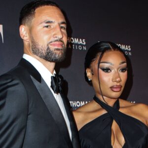 Inaugural Megan Thee Stallion s Pete And Thomas Foundation Gala Klay Thompson and girlfriend Megan Thee Stallion (Megan Jovon Ruth Pete) wearing Off-White arrive at the Inaugural Megan Thee Stallion s Pete And Thomas Foundation Gala held at Gotham Hall at The Haier Building in Manhattan, New York City, New York,