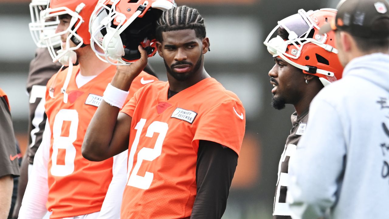 Cleveland Browns quarterback Shedeur Sanders (12) listens to a play call during mini camp at CrossCountry Mortgage Campus.