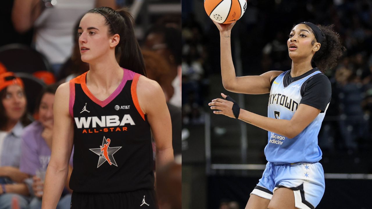 Caitlin Clark (L), Angel Reese (R)
