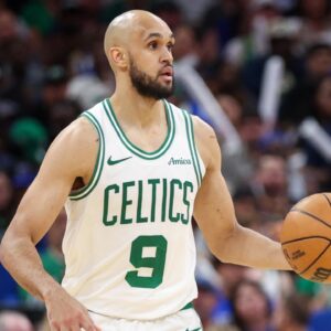 Boston Celtics guard Derrick White (9) controls the ball against the Orlando Magic in the fourth quarter during game four of first round for the 2025 NBA Playoffs at Kia Center.