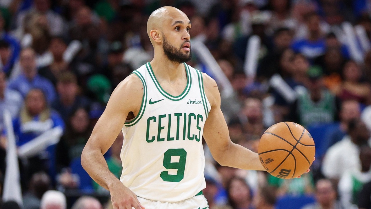 Boston Celtics guard Derrick White (9) controls the ball against the Orlando Magic in the fourth quarter during game four of first round for the 2025 NBA Playoffs at Kia Center.