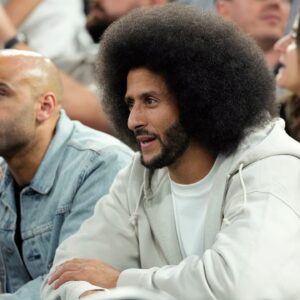 Former NFL player Colin Kaepernick looks on during the first half between the United States and Serbia in a men's basketball semifinal game during the Paris 2024 Olympic Summer Games at Accor Arena.