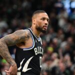 Milwaukee Bucks guard Damian Lillard (0) looks on in the first quarter during game four against the Indiana Pacers of first round for the 2024 NBA Playoffs at Fiserv Forum. Lillard left the game early in the in the first quarter with an injury.