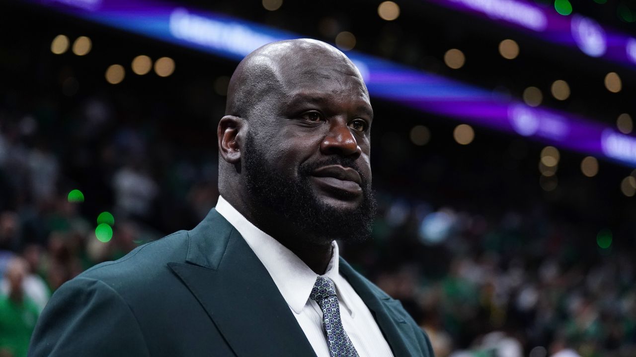 Shaquille O'Neal looks on before the game between the Boston Celtics and the Dallas Mavericks in game one of the 2024 NBA Finals at TD Garden.