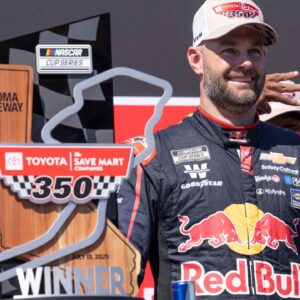 NASCAR Cup Series driver Shane van Gisbergen (88) celebrates after inning the NASCAR Toyota / Save Mart 350 at Sonoma Raceway.