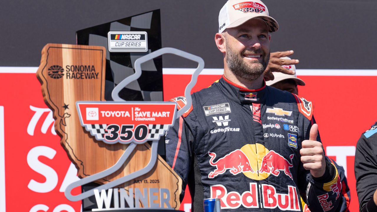 NASCAR Cup Series driver Shane van Gisbergen (88) celebrates after inning the NASCAR Toyota / Save Mart 350 at Sonoma Raceway.