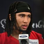 Houston Texans quarterback C.J. Stroud speaks at a press conference after an NFL football minicamp at NRG Stadium.