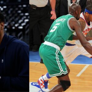 Paul Pierce (L), Kevin Garnett and Carmelo Anthony (R)