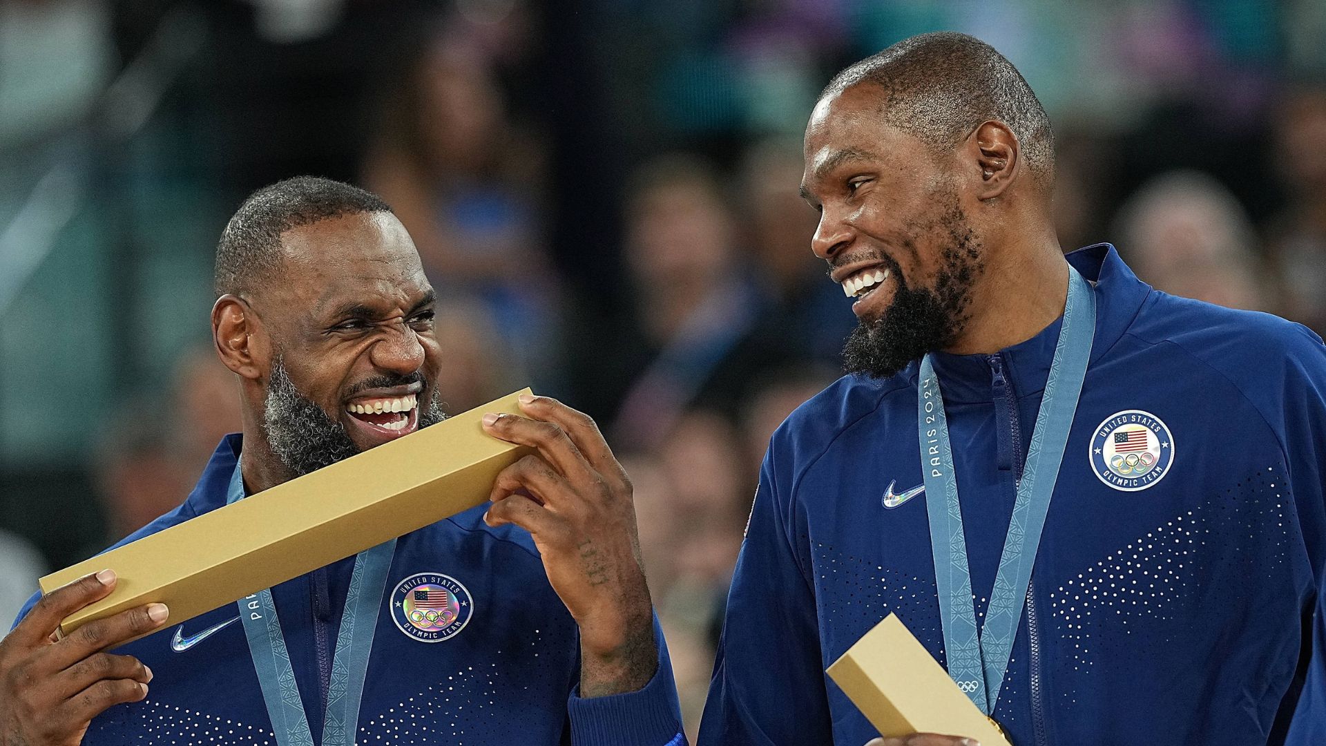 PARIS, Aug. 10, 2024 -- LeBron James (L) and Kevin Durant of gold medalists team USA attend the victory ceremony for the men s basketball at the Paris 2024 Olympic Games